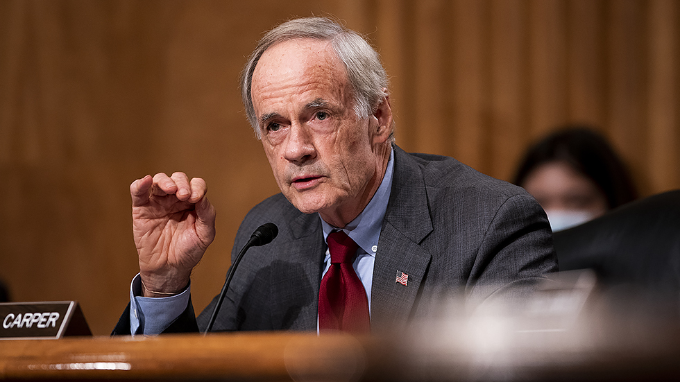 Sen. Tom Carper (D-Del.) is seen during a Senate Homeland Security & Governmental Affairs Committee hearing to discuss security threats 20 years after the 9/11 terrorist attacks on Tuesday, September 21, 2021.