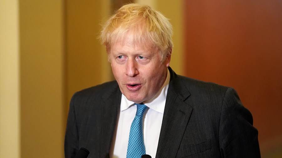 British Prime Minister Boris Johnson and Speaker Nancy Pelosi (D-Calif.) addresses reporters during his visit to the U.S. Capitol in Washington, D.C., on Wednesday, September 22, 2021.