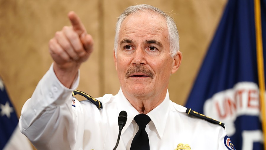 US. Capitol Police Chief Tom Manger addresses reporters during a press conference on Friday, September 17, 2021 to discuss security for this weekend’s ‘Justice for J6 Rally’ for those arrested or killed during the Jan. 6 insurrection.