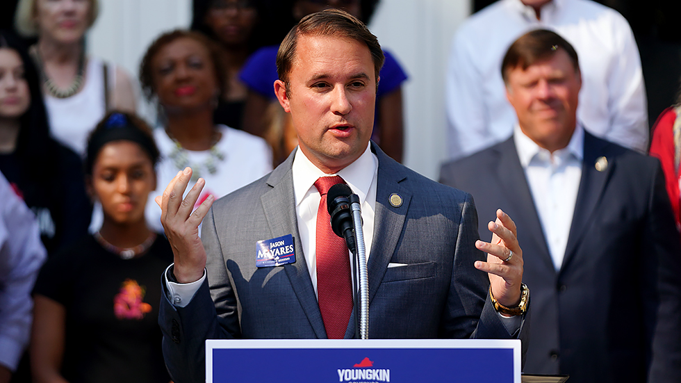 Republican candidate for Virginia Attorney General J Miyares Virginia speaks at an event at Virginia Union University in Richmond, Va., on Thursday, July 29, 2021 with Republican gubernatorial candidate G Youngkin.