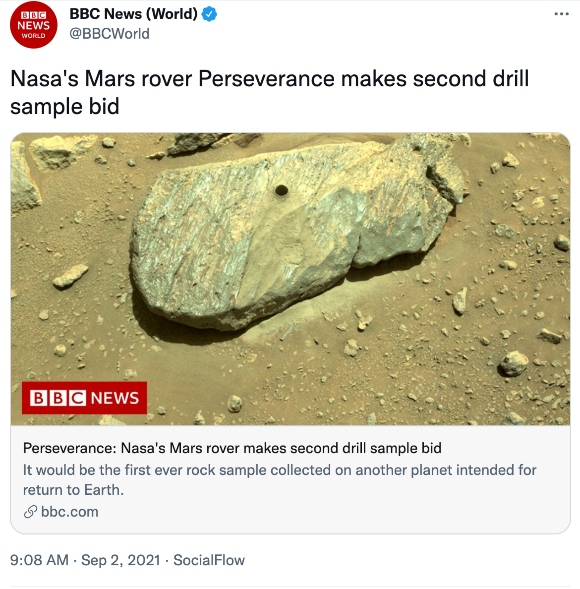 Nasa's Mars rover Perseverance makes second drill sample bid