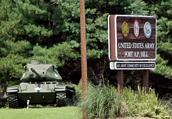 A tank is displayed outside the main entrance to Fort A.P. Hill 