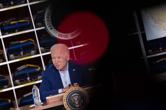 President Joe Biden speaks during a briefing at the National Interagency Fire Center