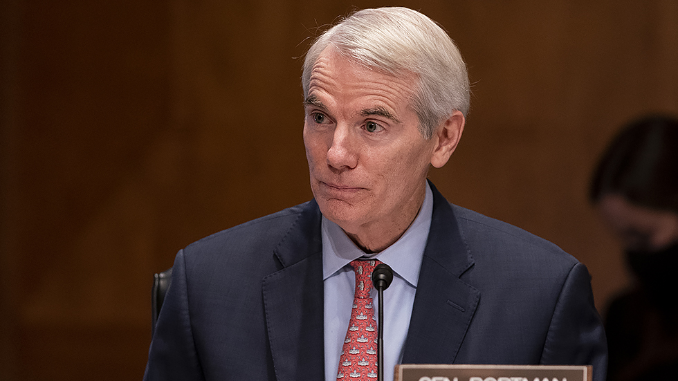 Sen. R Portman (R-Ohio) is seen during a Senate Homeland Security & Governmental Affairs Committee hearing to discuss security threats 20 years after the 9/11 terrorist attacks on Tuesday, September 21, 2021.