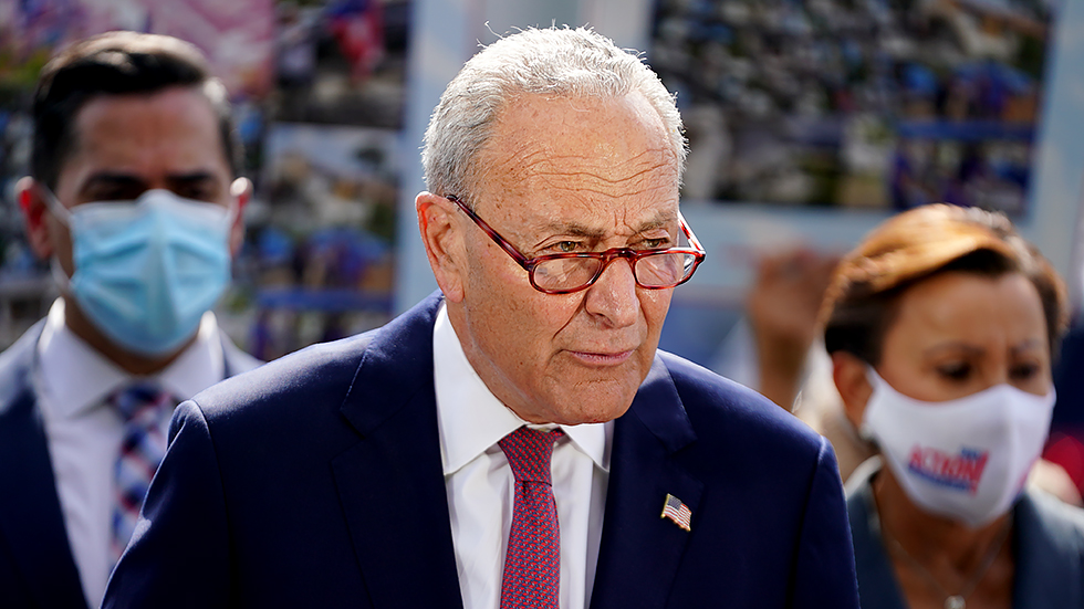 Majority Leader Charles Schumer (D-N.Y.) addresses reporters during a press conference on Monday, September 20, 2021 to discuss Puerto Rico and the fourth anniversary of Hurricane Maria. 