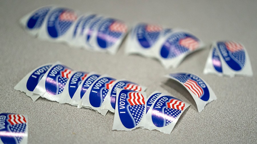 ‘I Voted’ stickers are seen at an early voting polling site at the Fairfax County Government Center in Fairfax, Va., on Thursday, September 23, 2021.