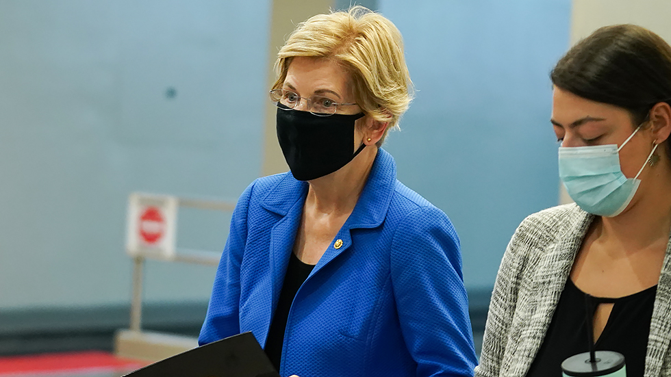 Sen. E Warren (D-Mass.) arrives to the Capitol for two votes regarding nominations on Wednesday, September 22, 2021.