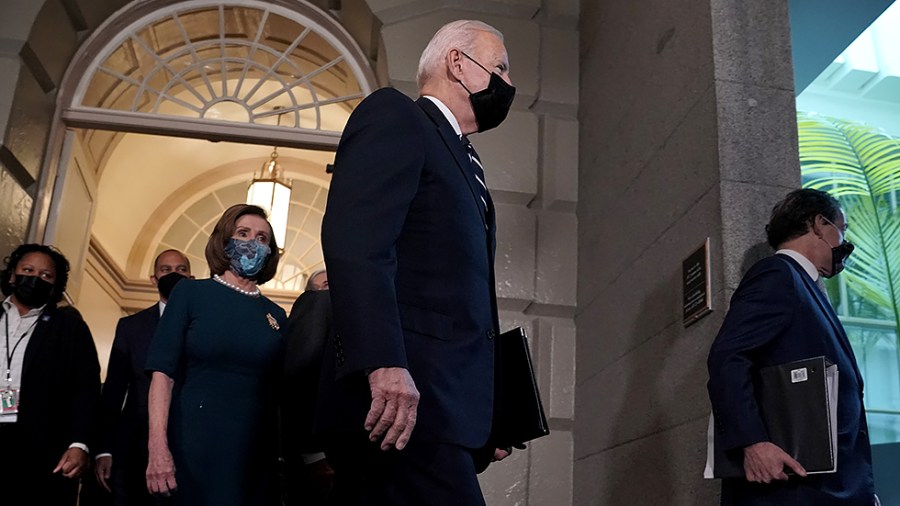 President Biden arrives Speaker Nancy Pelosi (D-Calif.) and other Democratic leaders for a House Democratic Caucus meeting to discuss the Build Back Better agenda and the bipartisan infrastructure deal on Thursday, October 28, 2021.