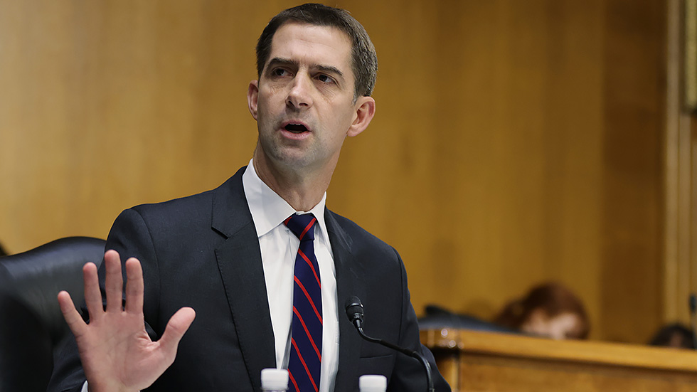 Sen. T Cotton (R-Ark.) questions Attorney General M Garland during a Senate Judiciary Committee oversight hearing of the Department of Justice on Wednesday, October 27, 2021.