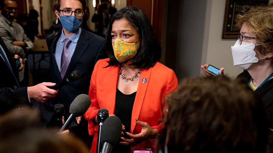 Rep. Pramila Jayapal (D-Wash.) speaks to reporters after a Congressional Progressive Caucus meeting on Friday, October 1, 2021. to discuss the bipartisan infrastructure bill.