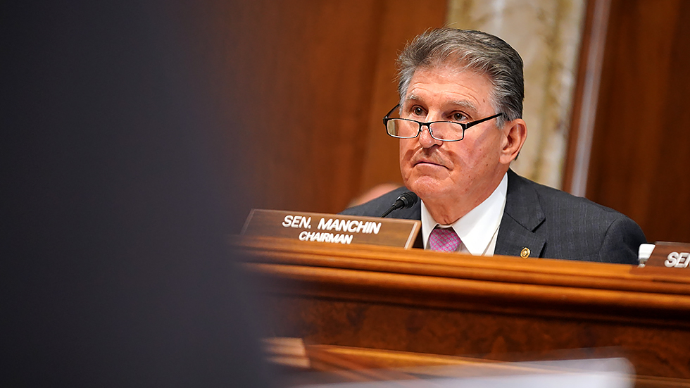 Senate Energy and Natural Resources Committee Chairman J Manchin (D-W.Va.) is seen during a  nomination hearing on Tuesday, October 19, 2021.