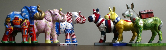 Maquettes of donkeys and elephants, symbols of the Democratic and Republican Party