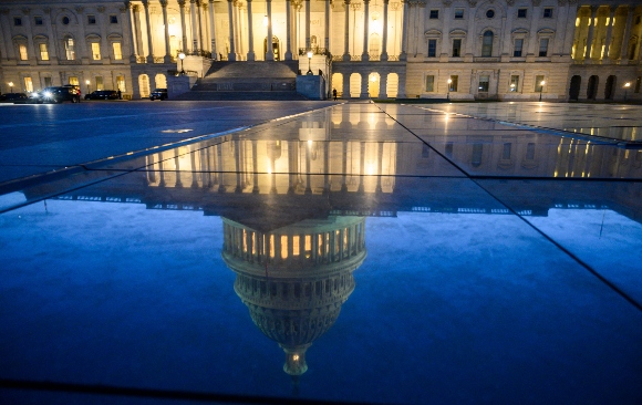 The US Capitol is seen at dusk