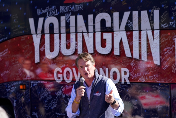 Republican gubernatorial candidate Glenn Youngkin speaks during a rally in Roanoke, Va.,