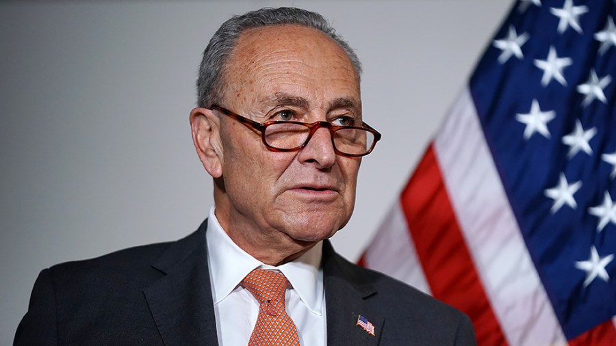 Majority Leader Charles Schumer (D-N.Y.) addresses reporters after the weekly policy luncheon on Tuesday, June 8, 2021.