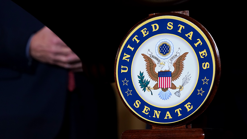 The Senate logo is seen during a press conference following the party policy luncheons on Tuesday, September 28, 2021.