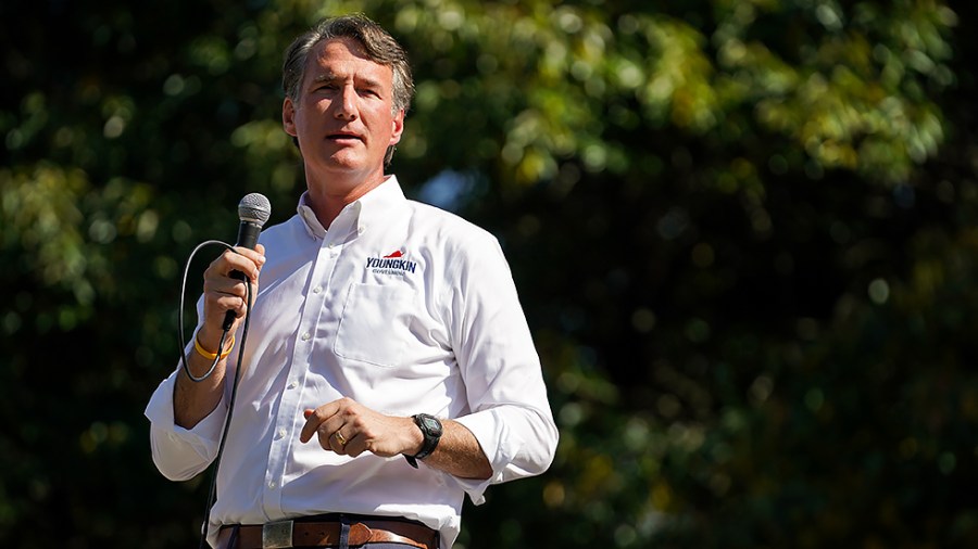 Virginia Republican gubernatorial candidate Glenn Youngkin addresses supporters about his education agenda during an event at Eva Walker Park in Warrenton, Va., on Thursday, October 14, 2021.