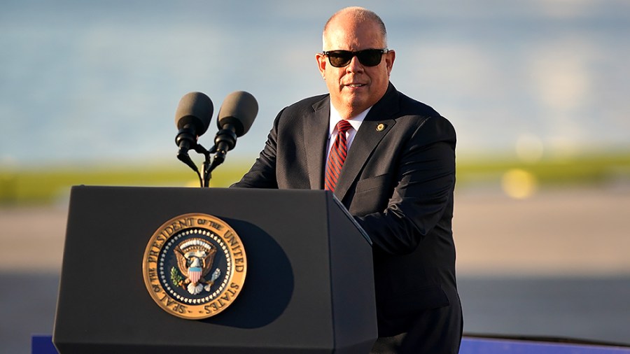 Maryland Governor Larry Hogan (R) speaks during an event with President Biden to discuss the bipartisan infrastructure deal during an event at the Port of Baltimore’s Dundalk-Marine Terminal in Baltimore Md., on Wednesday, November 10, 2021.