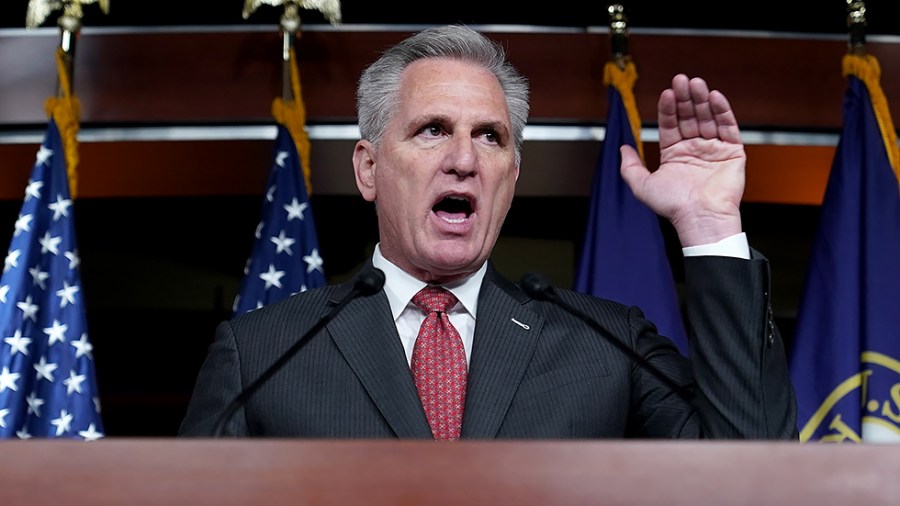 Minority Leader Kevin McCarthy (R-Calif.) answers a question during his weekly press conference on Thursday, November 18, 2021.