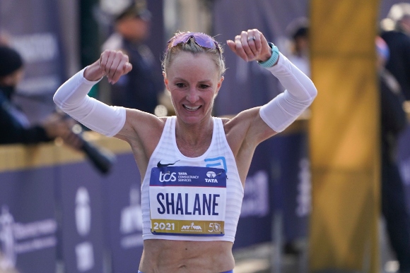 Shalane Flanagan of the United States crosses the finish line of the New York City Marathon