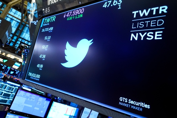 The logo for Twitter appears above a trading post on the floor of the New York Stock Exchange