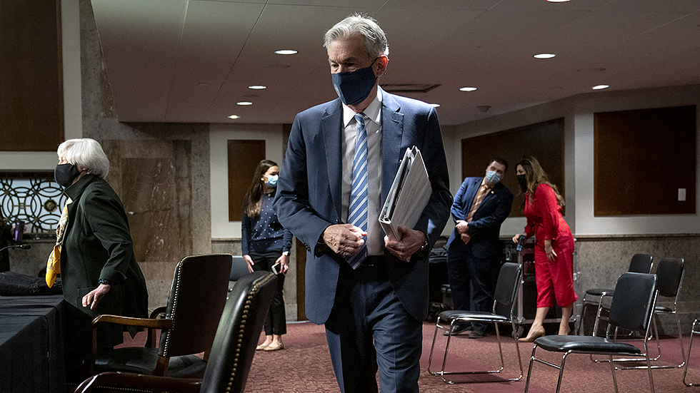 Federal Reserve Chairman Jerome Powell arrives for a Senate Banking, Housing, and Urban Affairs Committee hearing to discuss oversight of the Department of Treasury and Federal Reserve over the CARES Act on Tuesday, November 30, 2021.