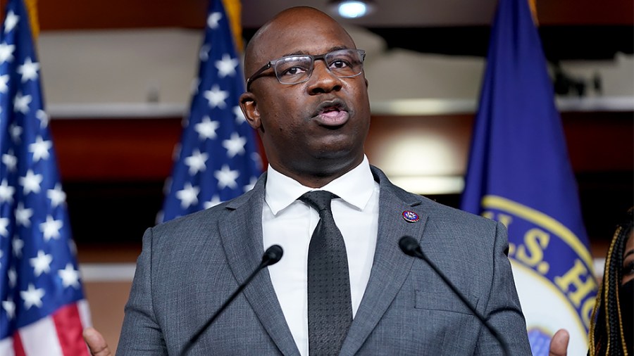 Rep. Jamaal Bowman (D-N.Y.) addresses reporters during a press conference on Wednesday, December 8, 2021 about a resolution condemning Rep. Lauren Boebert's (R-Colo.) use of Islamaphobic rhetoric and removing her from her current committee assignments.