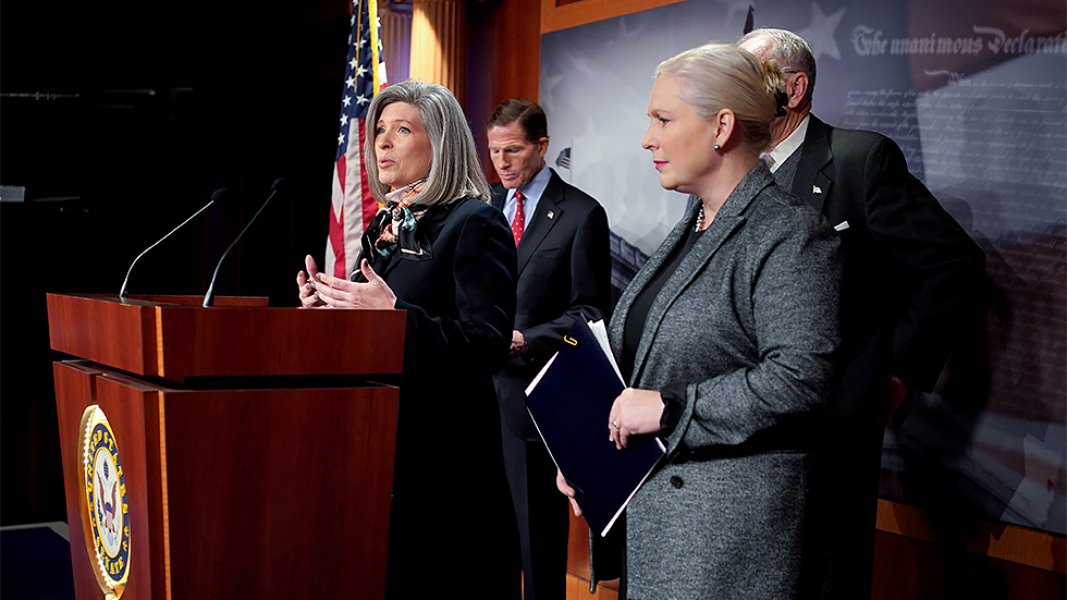 Sen. Joni Ernst (R-Iowa) addresses reporters during a press conference on Wednesday, December 8, 2021 to discuss the Military Justice Improvement and Increasing Prevention Act as the Senate takes up the National Defense Authorization Act.