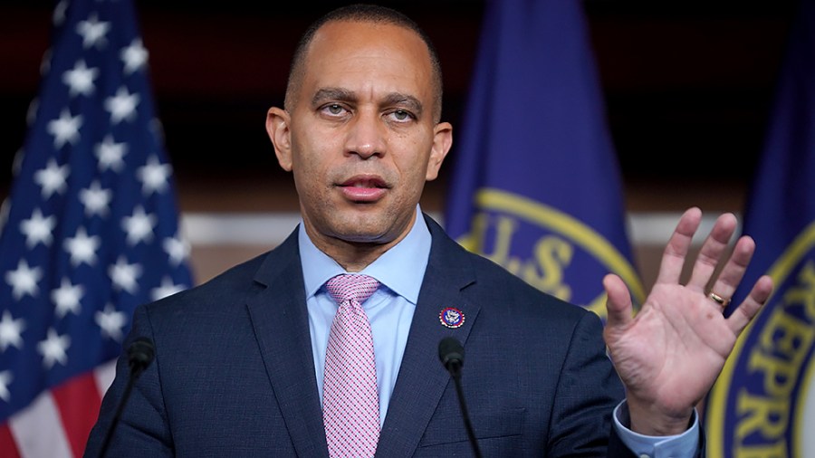 Rep. Hakeem Jeffries (D-N.Y.) addresses reporters during a press conference on Wednesday, October 20, 2021 following the closed-door House Democratic Caucus meeting.