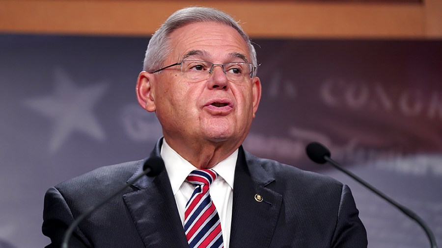 Sen. Robert Menendez (D-N.J.) addresses reporters during a press conference on Wednesday, November 3, 2021 to discuss state and local tax caps.