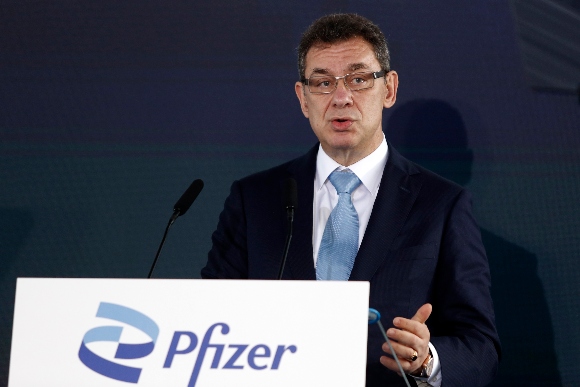 Pfizer CEO Albert Bourla speaks during a ceremony in Thessaloniki, Greece