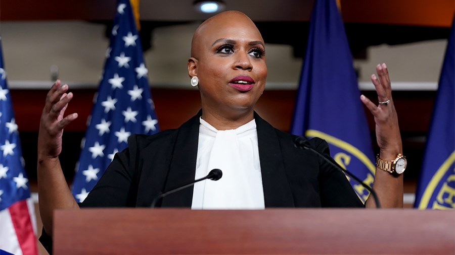 Rep. Ayanna Pressley (D-Mass.) addresses reporters during a press conference on Wednesday, December 8, 2021 about a resolution condemning Rep. Lauren Boebert's (R-Colo.) use of Islamaphobic rhetoric and removing her from her current committee assignments.