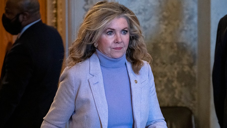 Sen. Marsha Blackburn (R-Tenn.) leaves the Senate Chamber for a nomination vote on Wednesday, January 5, 2022.