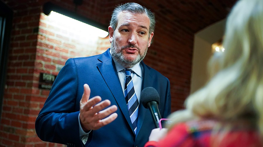 Sen. Ted Cruz (R-Texas) speaks to a reporter in the Senate Russell Office Building as he returns from a floor speech on Thursday, January 13, 2022.