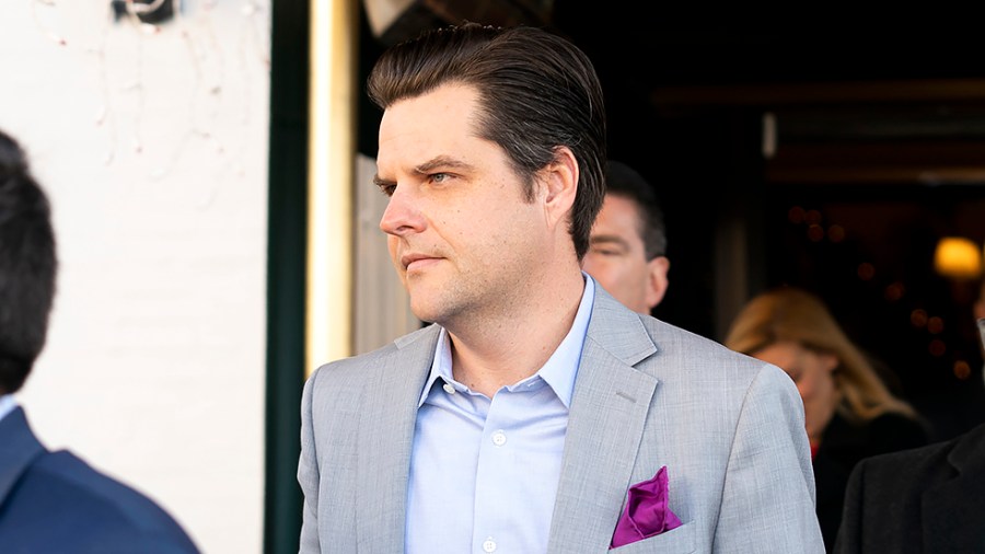 Rep. Matt Gaetz (R-Fla.) leaves a House Republican Conference meeting at the Capitol Hill Club in Washington, D.C., on Wednesday, December 1, 2021.