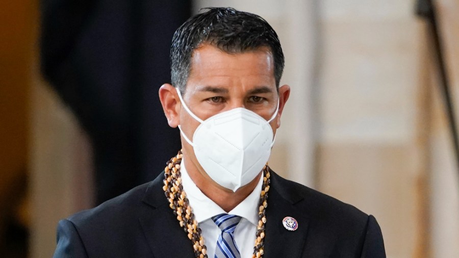 Rep. Kai Kahele (D-Hawaii) pays respects to slain U.S. Capitol Police officer William "Billy" Evans as he lies in honor at the Capitol in 2021