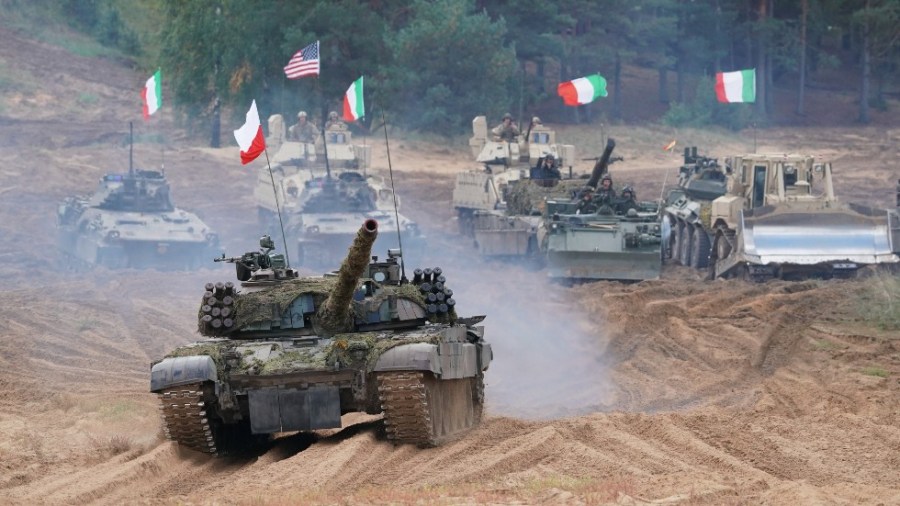 Military vehicles and tanks of Poland, Italy, Canada and United States during the NATO military exercises in 2021.