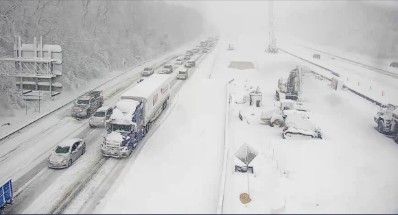 This image provided by the Virginia department of Transportation shows a closed section of Interstate 95 near Fredericksburg, Va.