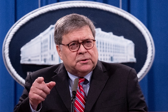 Attorney General William Barr speaks during a news conference in Washington on Dec. 21, 2020