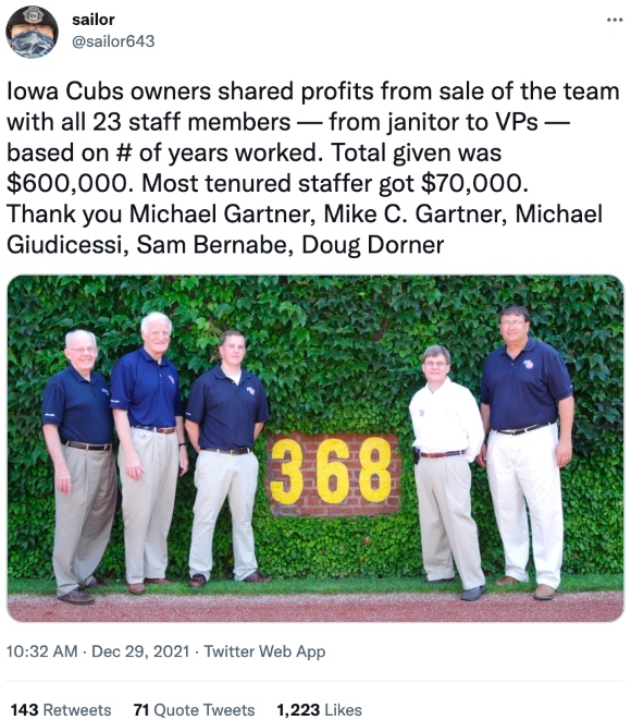 Iowa Cubs owners shared profits from sale of the team with all 23 staff members