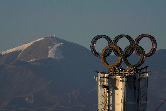 Olympic Rings assembled atop of a structure stand out near a ski resort on the outskirts of Beijing