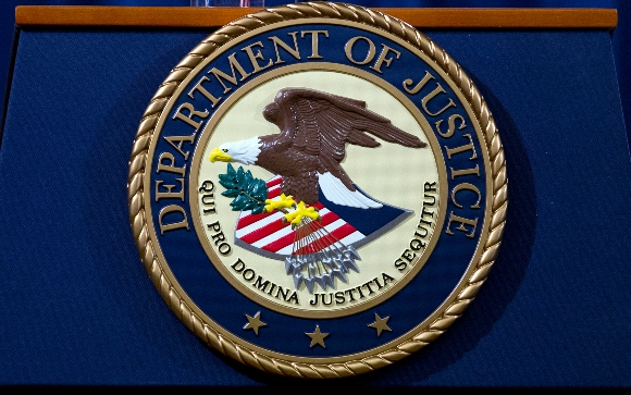 The Department of Justice seal is seen in Washington, D.C.