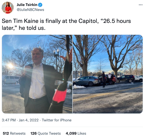 Sen Tim Kaine is finally at the Capitol, “26.5 hours later,” he told us.