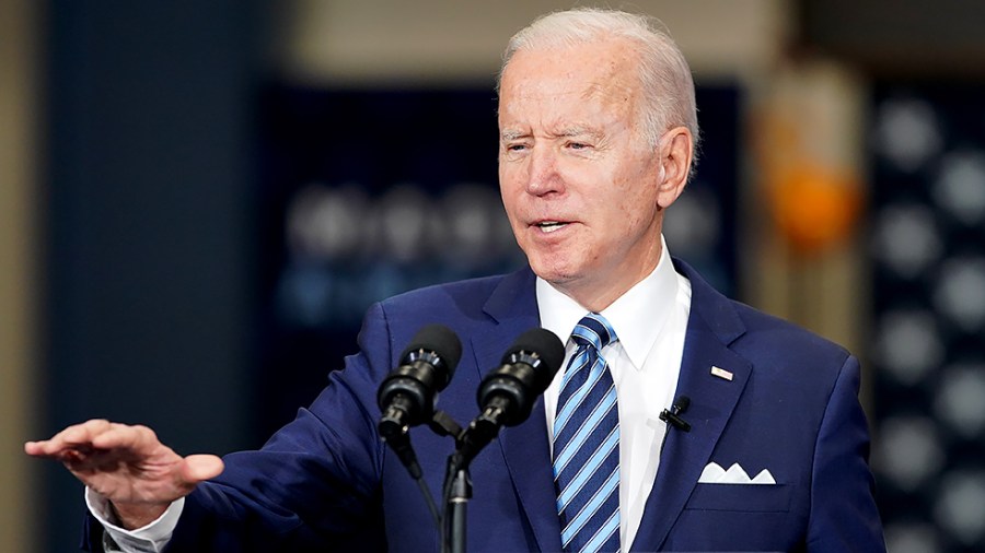 President Biden speaks during an event to sign an executive order regarding project labor agreements at Irownworks Local 5 in Upper Marlboro, Md., on Friday, February 4, 2022.