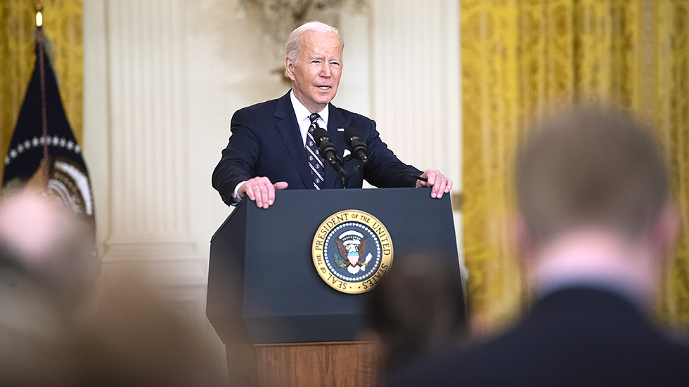 P. Biden announces new sanctions against Russia during a briefing in the East Room at the White House  Tuesday, February 22, 2022. The sanctions come a day after Russian President V. Putin ordered troops into two regions of Ukraine.