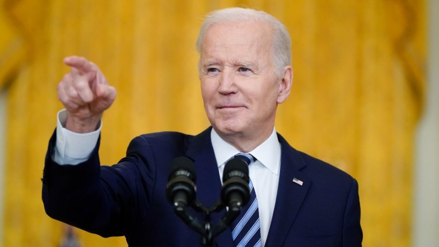 President Joe Biden calls on reporters for questions while speaking about the Russian invasion of Ukraine