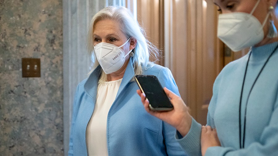 Sen. Kirsten Gillibrand (D-N.Y.) arrives to the Senate Chamber following a nomination vote for Robert Califf to be Commissioner of the Food and Drug Administration on Tuesday, February 15, 2022.