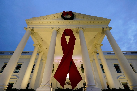 The White House in Washington is decorated to commemorate World AIDS Day