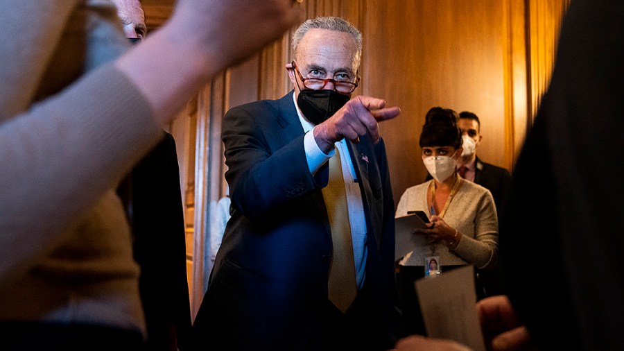 Majority Leader Charles Schumer (D-N.Y.) arrives for a press conference on Monday, February 28, 2022 to discuss the Women’s Health Protection Act prior to its’ vote.