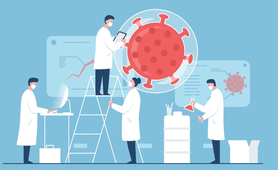 illustration of researchers around a large virus